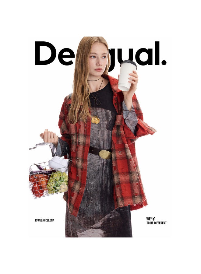 DESIGUAL [موضة إسبانية فاخرة] 25 أسلوب جديد لخريف وشتاء 25 قميص نسائي أحمر بتصميم متقطع ومشقق - Image 5