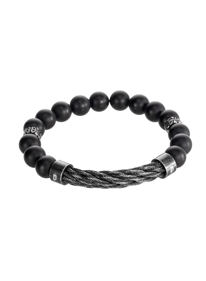 POLICE Stave Antique Silver Stainless Steel and Black Beaded Bracelet for Men