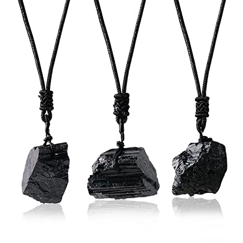 Apengshi Natural Black Tourmaline Necklace 3PCS Irregular Raw Stone Pendant Healing Crystal Necklace Meditation Reiki Energy Purification Energy Chakra Balance Security Protection Gift - Image 1