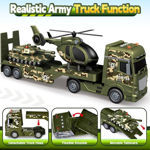 Bstoyder Toddler Boy Toys for 3 4 5 6 7 Years Kids 25 Semi Army Truck Toy with Helicopters and Tank Friction Powered Military Toys with Lights and Sounds Birthday for Boy Girls - Image 5