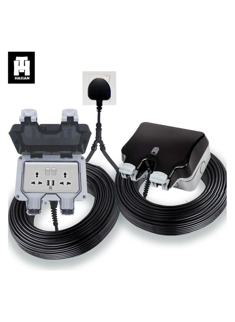 Hassan Hassan 2 USB Weatherproof Dual Universal Extension Socket 13A Waterproof with Heavy Duty Long Cord – Ideal for Garden, Garage, Kitchen, Outdoor IP66  - Image 2