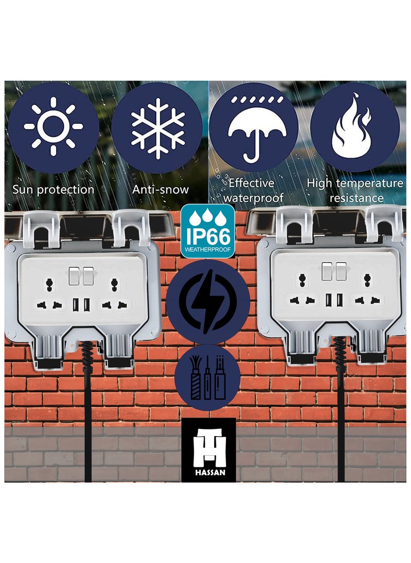 Hassan Hassan 2 USB Weatherproof Dual Universal Extension Socket 13A Waterproof with Heavy Duty Long Cord – Ideal for Garden, Garage, Kitchen, Outdoor IP66  - Image 3