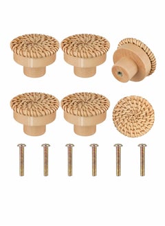 Wooden Drawer Knobs, Rattan Dresser Knobs Round Handmade Wicker Woven and Screws for Boho Furniture Cabinets Handles Hardware Pulls Cabinet (6 6 Screws)