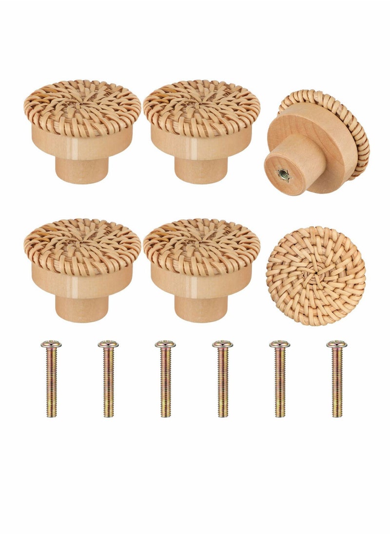 Y&D - Wooden Drawer Knobs, Rattan Dresser Knobs Round Handmade Wicker Woven and Screws for Boho Furniture Cabinets Handles Hardware Pulls Cabinet (6 6 Screws) - Image 1