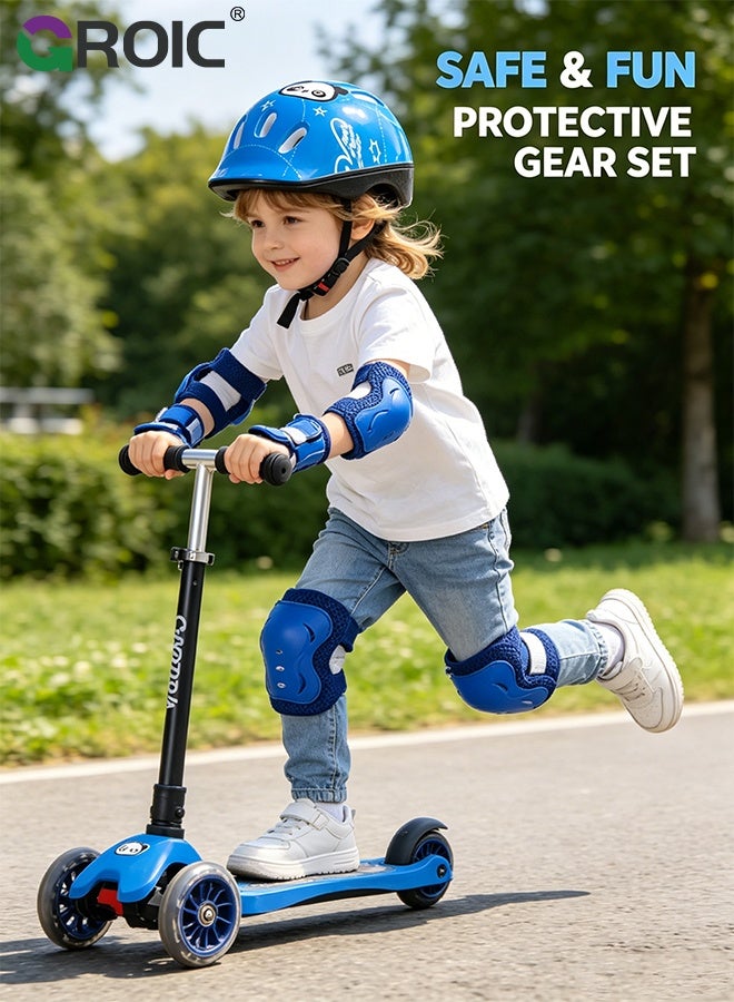 GROIC 7Pcs Kids Bike Helmet Set,Skateboard Knee Pads, Helmet Pad Set Protective Gear Set,Kids Helmet Set with Knee Elbow Wrist Pads for Skateboard Cycling Scooter Rollerblading(Blue-Panda) - Image 4