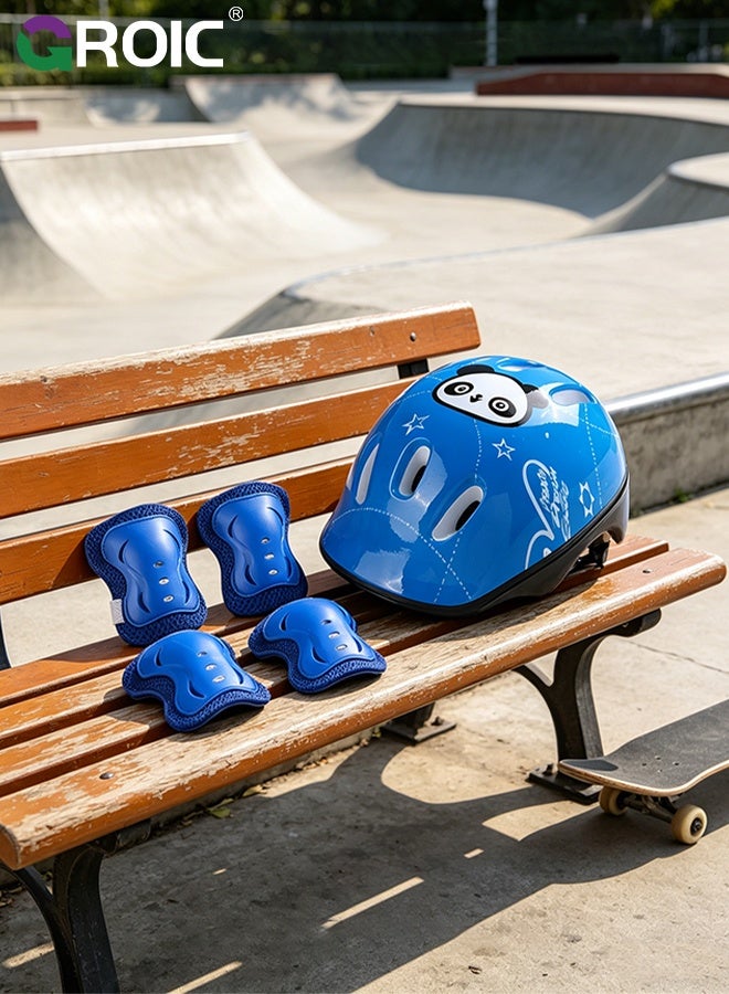 GROIC 7Pcs Kids Bike Helmet Set,Skateboard Knee Pads, Helmet Pad Set Protective Gear Set,Kids Helmet Set with Knee Elbow Wrist Pads for Skateboard Cycling Scooter Rollerblading(Blue-Panda) - Image 5