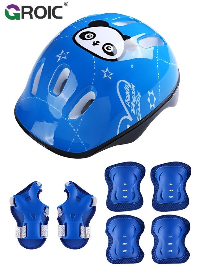 GROIC 7Pcs Kids Bike Helmet Set,Skateboard Knee Pads, Helmet Pad Set Protective Gear Set,Kids Helmet Set with Knee Elbow Wrist Pads for Skateboard Cycling Scooter Rollerblading(Blue-Panda) - Image 1