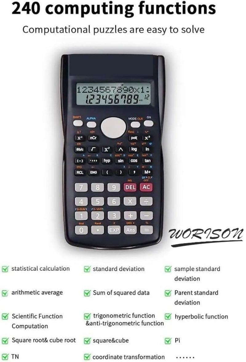 Worison RZ-82MS pro Scientific Calculators with 240 Multi-Functional Calculator 2 Lines LCD Display Ideal for Teachers College Students School Office Portable to Carry (Black) - Image 2