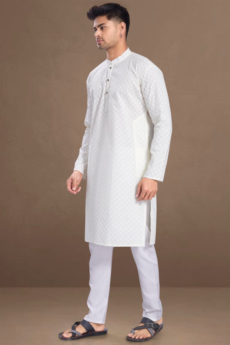 DIVISIVE Men's Thread Embroidered Cotton Only Slim Fit Kurta (DKRT1071_XXXL_Off White) - Image 4