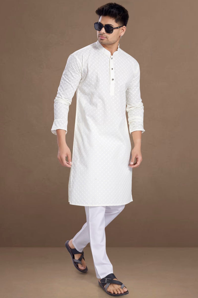 DIVISIVE Men's Thread Embroidered Cotton Only Slim Fit Kurta (DKRT1071_XXXL_Off White) - Image 3