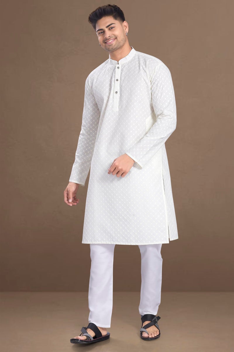 DIVISIVE Men's Thread Embroidered Cotton Only Slim Fit Kurta (DKRT1071_XXXL_Off White) - Image 5