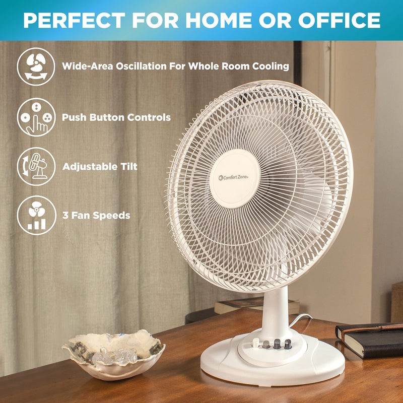 Comfort Zone 12 inch Table Fan with Adjustable Tilt, Wide Area Oscillation, Quiet Air Circulator Fan For Bedroom, 3 Speed Desktop Fan for Home Office, Push Button Controls, White - Image 2