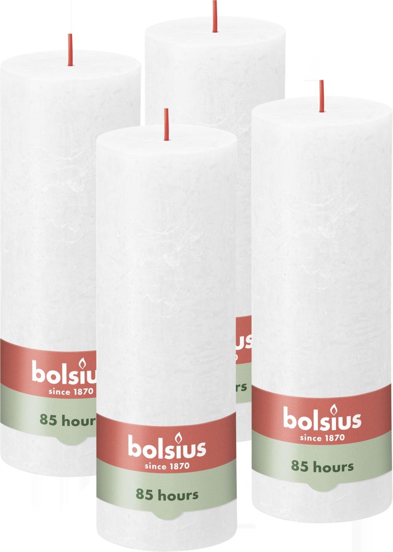 Bolsius Rustic Pillar Candle  White  Pack of 4  Long Burning Time of 85 Hours  Household Candle  Interior Decoration  Unscented  Natural Vegan Wax  No Palm Oil  19 x 7 cm
