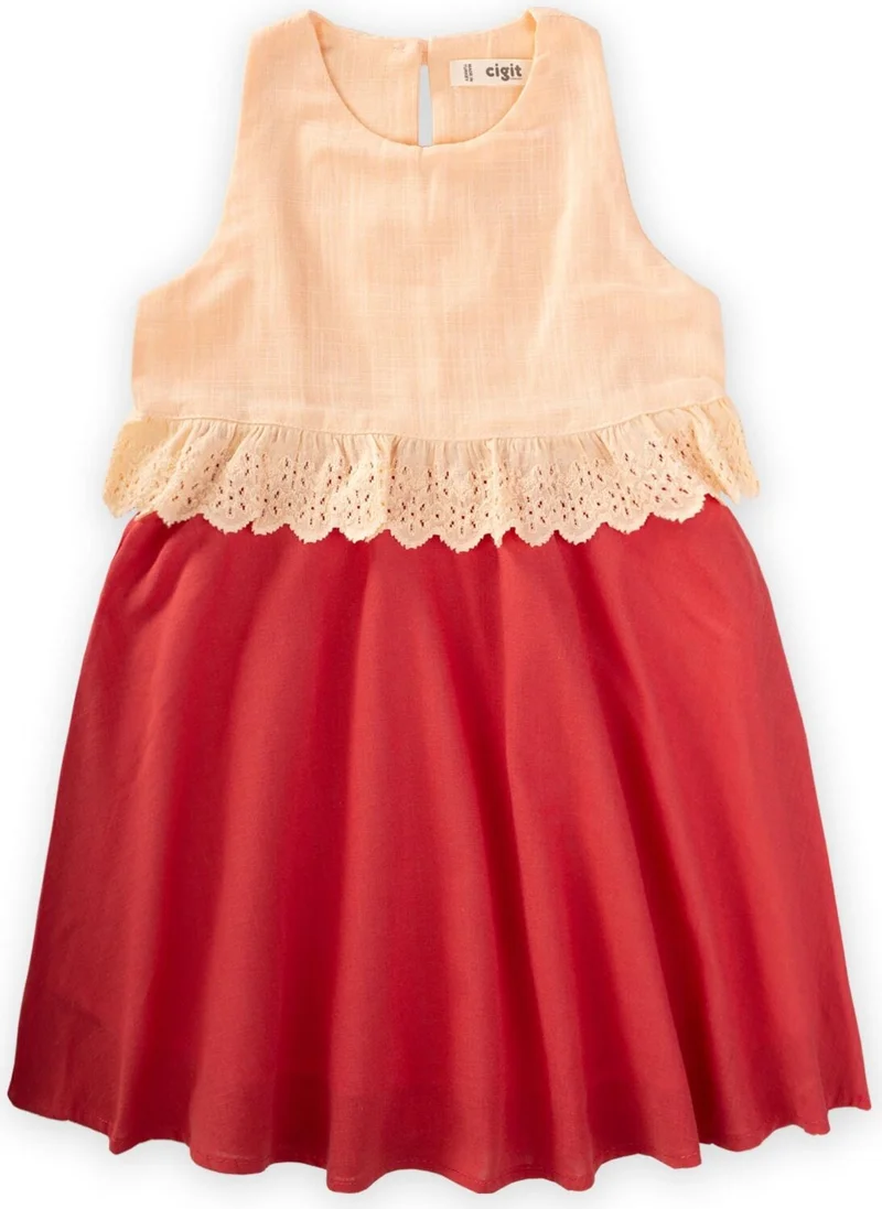 Cigit Two Color Lace Waist Dress 2-7 Years Yavruağzı