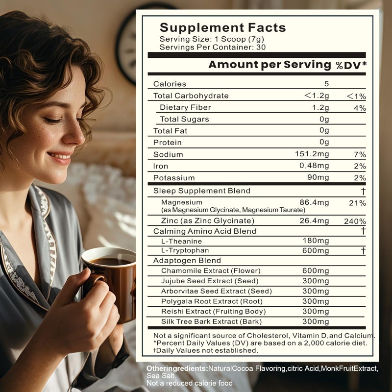 كوكو ساخن بالمغنيسيوم - مشروب الشوكولاتة الساخنة الطبيعي الخالي من الميلاتونين لمساعدة النوم للبالغين مع فطر الريشي، L-ثيانين وزنك جليسينات - دعم الاسترخاء والنوم المريح، قهوة الفطر، 30 حصة - Image 4