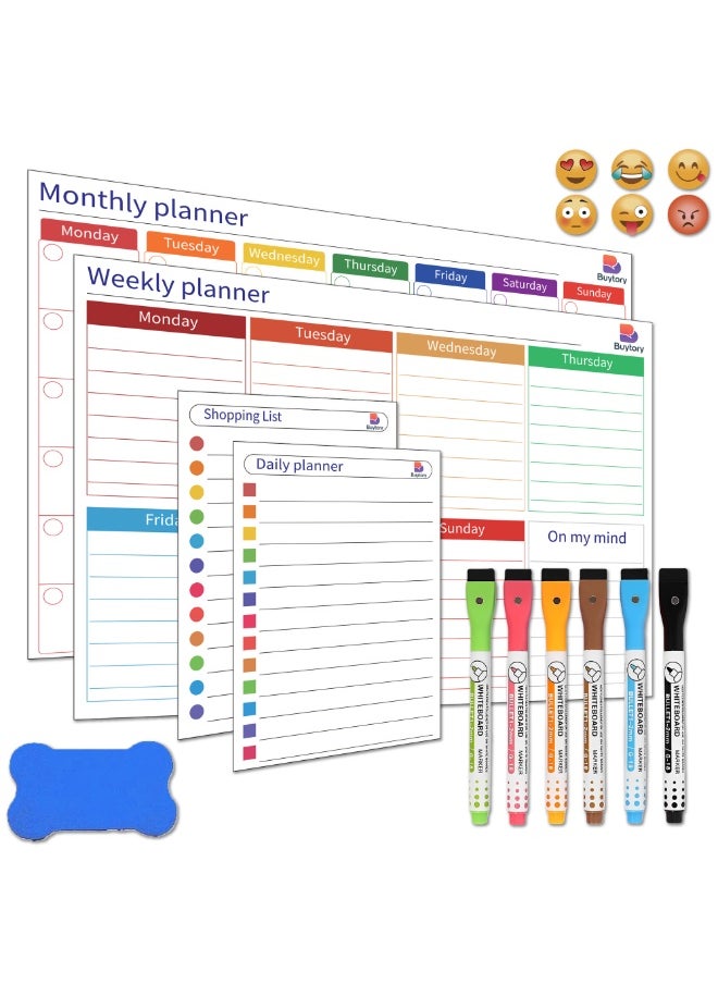 Buytory Magnetic Dry Erase Calendar Set for Fridge – Monthly, Weekly, Daily Planners + Shopping List – Includes 6 Fine Tip Markers, Magnetic Buckles & Eraser – Home & Office Organizer  - Image 1