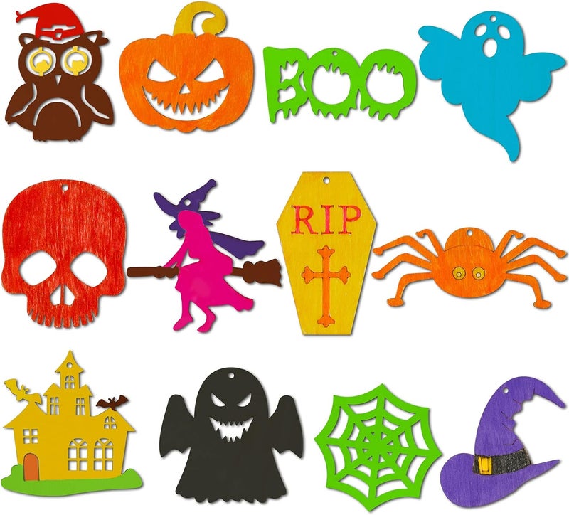 Max Fun 60PCS Halloween Crafts Painting Wooden Slices Cutouts Ornaments DIY Unfinished Pre-drilled Natural Wood for Kids Halloween Hanging Decorations - Image 2