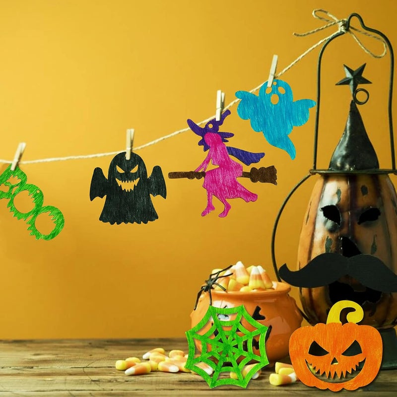 Max Fun 60PCS Halloween Crafts Painting Wooden Slices Cutouts Ornaments DIY Unfinished Pre-drilled Natural Wood for Kids Halloween Hanging Decorations - Image 5