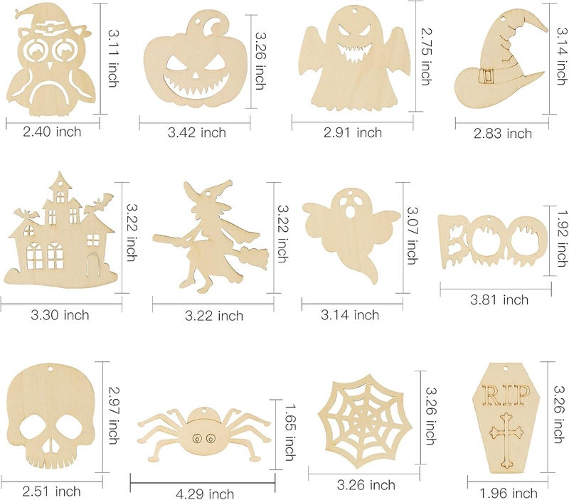 Max Fun 60PCS Halloween Crafts Painting Wooden Slices Cutouts Ornaments DIY Unfinished Pre-drilled Natural Wood for Kids Halloween Hanging Decorations - Image 3