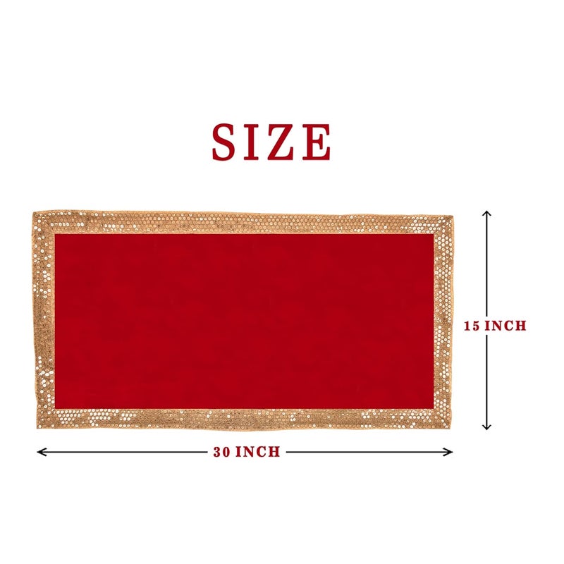 Dulhan DLC CD Lace Sequence Work Red Velvet Pooja Cloth for God 15x30 inch Altar Cloth for Puja Pack of 2 Large Aasan for Home Temple or mandir - Image 2