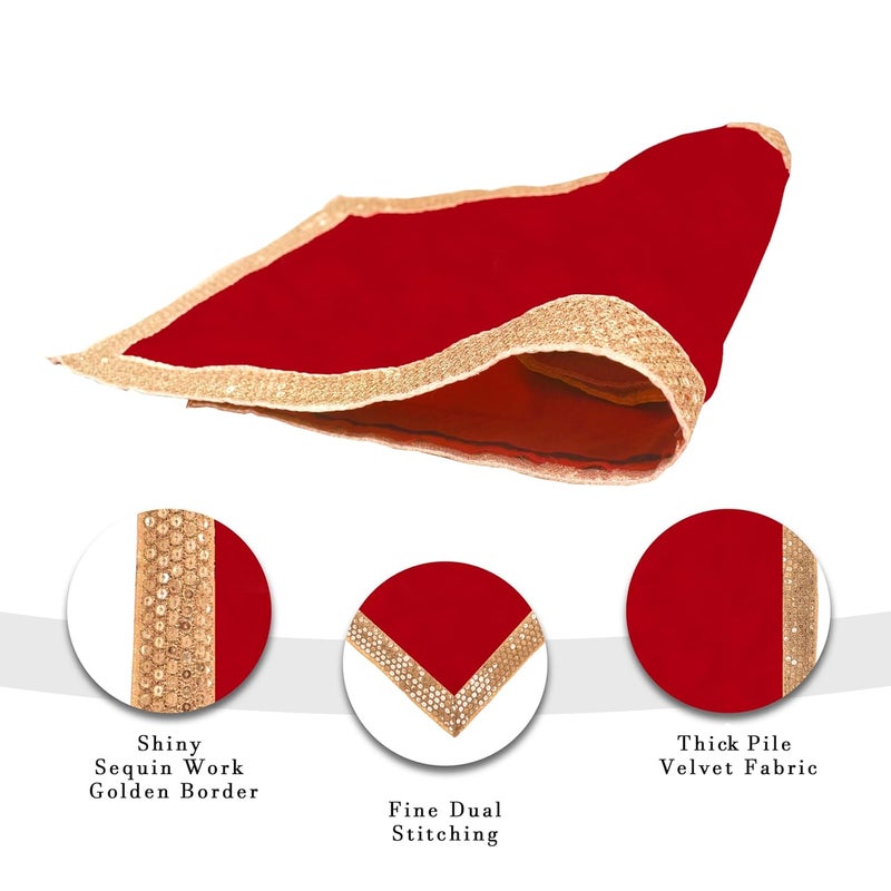 Dulhan DLC CD Lace Sequence Work Red Velvet Pooja Cloth for God 15x30 inch Altar Cloth for Puja Pack of 2 Large Aasan for Home Temple or mandir - Image 4