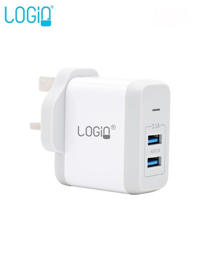 لوجين شاحن منزلي متعدد الكابلات LN886HC | شاحن سريع بمنفذي USB، 3.1 أمبير، مزود بخاصية التعرف التلقائي الذكي | محول حائط عالمي 5 فولت للهواتف الذكية والأجهزة اللوحية | مقاوم للحريق مصنوع من بلاستيك ABS وPC | قابس المملكة المتحدة، 100-240 فولت تيار متردد - Image 1