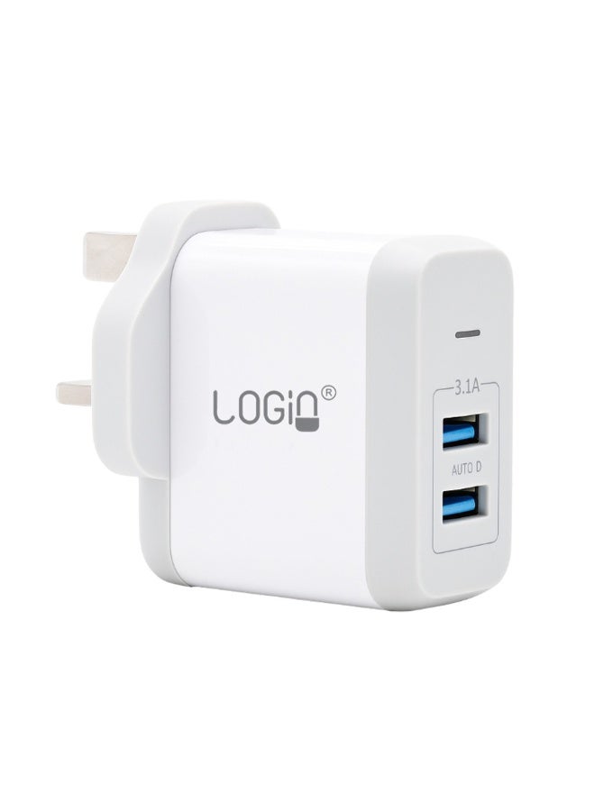 لوجين شاحن منزلي متعدد الكابلات LN886HC | شاحن سريع بمنفذي USB، 3.1 أمبير، مزود بخاصية التعرف التلقائي الذكي | محول حائط عالمي 5 فولت للهواتف الذكية والأجهزة اللوحية | مقاوم للحريق مصنوع من بلاستيك ABS وPC | قابس المملكة المتحدة، 100-240 فولت تيار متردد - Image 2