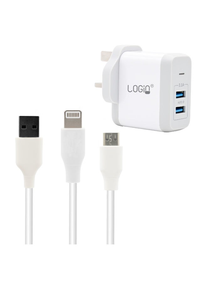 لوجين شاحن منزلي متعدد الكابلات LN886HC | شاحن سريع بمنفذي USB، 3.1 أمبير، مزود بخاصية التعرف التلقائي الذكي | محول حائط عالمي 5 فولت للهواتف الذكية والأجهزة اللوحية | مقاوم للحريق مصنوع من بلاستيك ABS وPC | قابس المملكة المتحدة، 100-240 فولت تيار متردد - Image 3