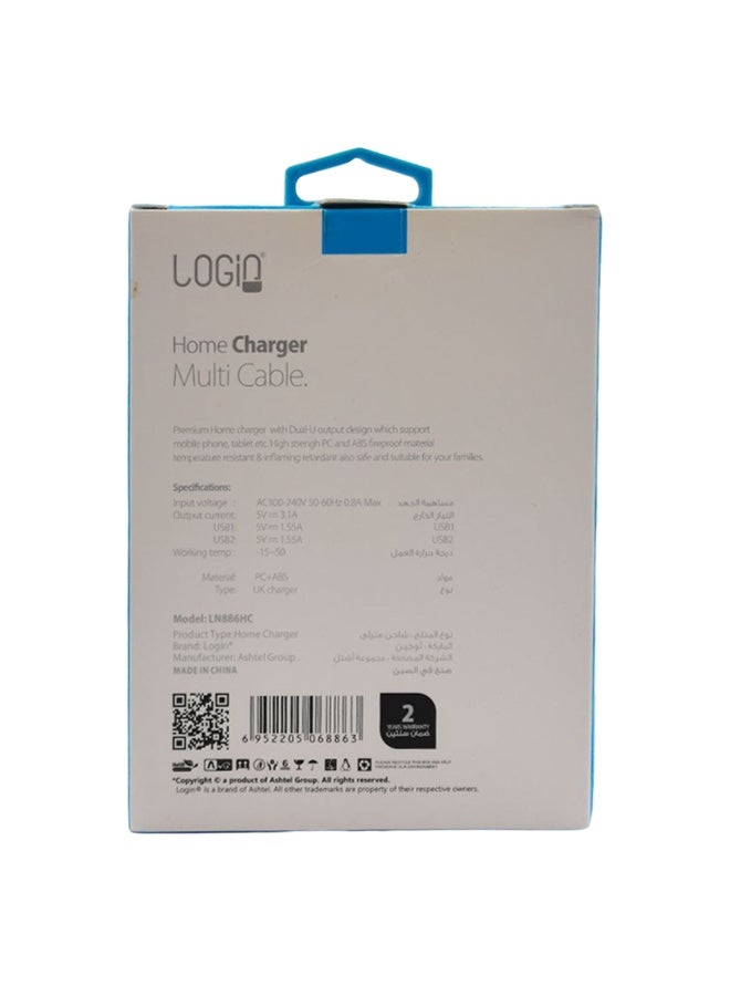 لوجين شاحن منزلي متعدد الكابلات LN886HC | شاحن سريع بمنفذي USB، 3.1 أمبير، مزود بخاصية التعرف التلقائي الذكي | محول حائط عالمي 5 فولت للهواتف الذكية والأجهزة اللوحية | مقاوم للحريق مصنوع من بلاستيك ABS وPC | قابس المملكة المتحدة، 100-240 فولت تيار متردد - Image 5