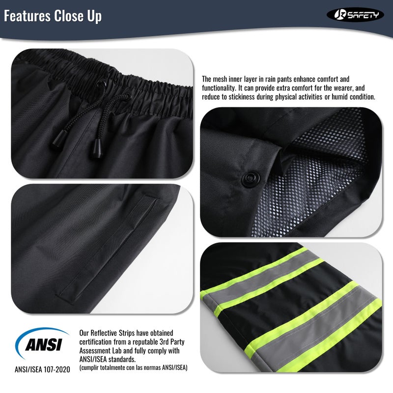 JKSafety Hi-Vis Rain Pants for Men Women Waterproof 3M Scotchlite Reflective Safety Rain Trousers Water-Resistance HV Gears for Farming Fishing Sports Works Inner Mesh Lining (114-Black L) - Image 3
