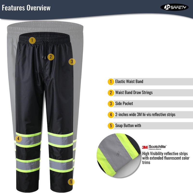 JKSafety Hi-Vis Rain Pants for Men Women Waterproof 3M Scotchlite Reflective Safety Rain Trousers Water-Resistance HV Gears for Farming Fishing Sports Works Inner Mesh Lining (114-Black L) - Image 2