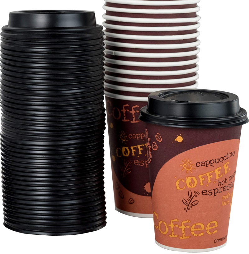 Avant Grub 100 Pack 12 Oz Restaurant Grade Paper Coffee Drinking Cup With Recyclable Dome Lids Durable BPA Free Disposable Designer Cups For Hot Drinks At Kiosks Shops Cafes
