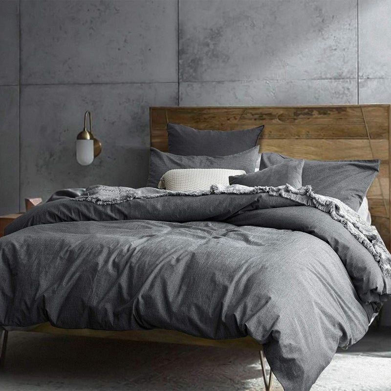 ECOCOTT ECOCOTT Grey Duvet Cover Super Queen Size - 100% Washed Cotton Durable Soft Comfy Duvet Cover Set  3 Pieces Duvet Cover with Zipper Closure (Grey  98''x90'')  - Image 2