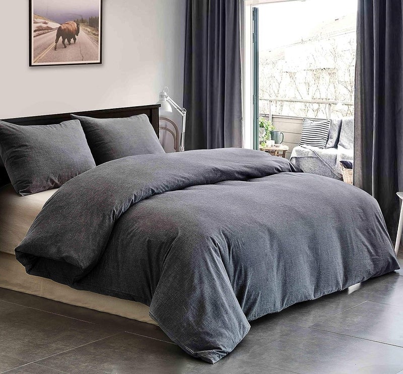 ECOCOTT ECOCOTT Grey Duvet Cover Super Queen Size - 100% Washed Cotton Durable Soft Comfy Duvet Cover Set  3 Pieces Duvet Cover with Zipper Closure (Grey  98''x90'')  - Image 3