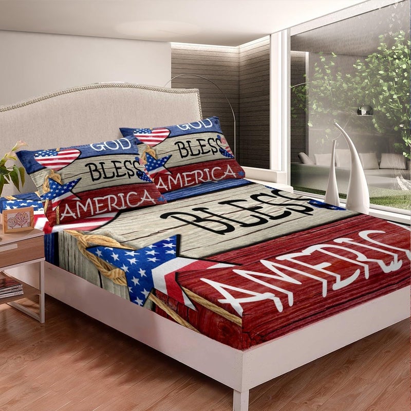 Feelyou 4th of July Sheet Set King Size God Bless Bed Set for Adults Women Men Memorial Day Bed Sheets Red Blue Star Sheets 4Pcs,1 Fitted Sheet+2 Pillow Sham+1 Flat Sheet - Image 3