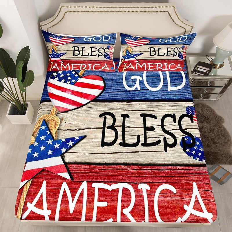 Feelyou 4th of July Sheet Set King Size God Bless Bed Set for Adults Women Men Memorial Day Bed Sheets Red Blue Star Sheets 4Pcs,1 Fitted Sheet+2 Pillow Sham+1 Flat Sheet - Image 2