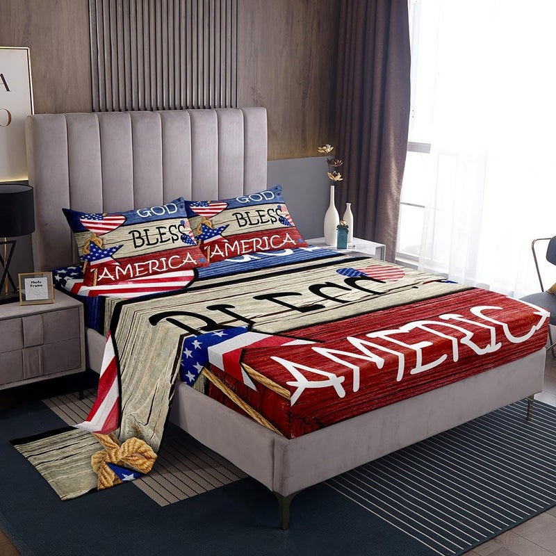 Feelyou 4th of July Sheet Set King Size God Bless Bed Set for Adults Women Men Memorial Day Bed Sheets Red Blue Star Sheets 4Pcs,1 Fitted Sheet+2 Pillow Sham+1 Flat Sheet - Image 1