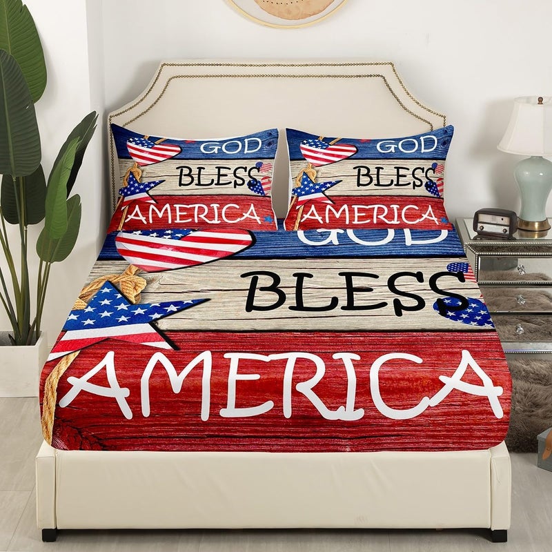 Feelyou 4th of July Sheet Set King Size God Bless Bed Set for Adults Women Men Memorial Day Bed Sheets Red Blue Star Sheets 4Pcs,1 Fitted Sheet+2 Pillow Sham+1 Flat Sheet - Image 4