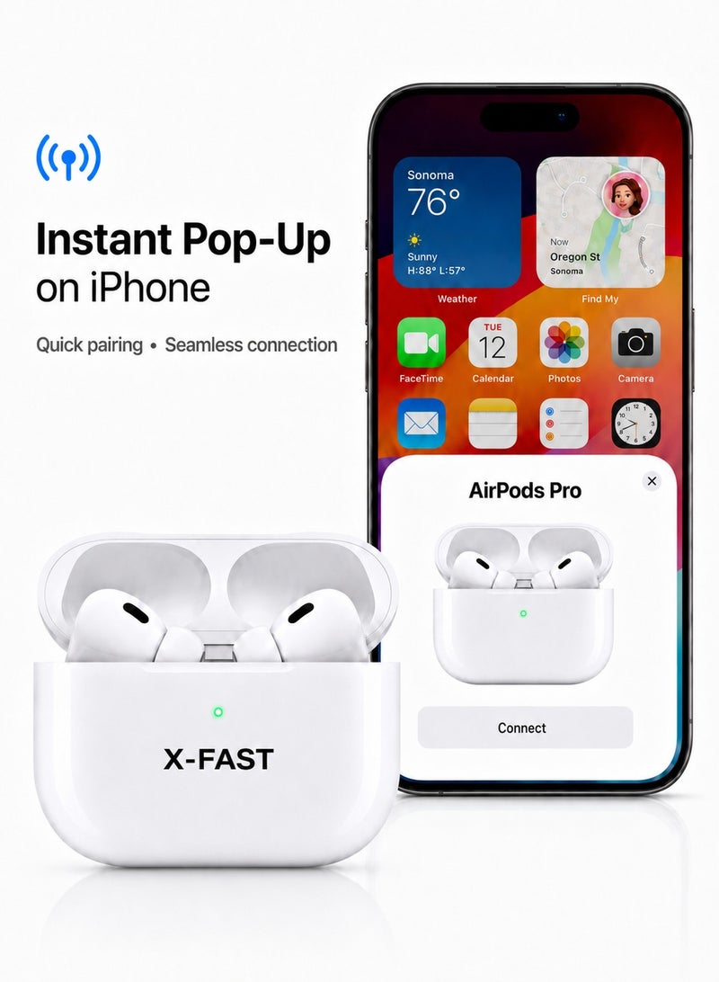 اكس فاست سماعات X-FAST Pro لاسلكية بتصميم AirPods، بلوتوث، 6 مايك، نافذة اتصال iOS، علبة شحن لاسلكي، مكالمات واضحة وصوت نقي، أبيض - Image 3