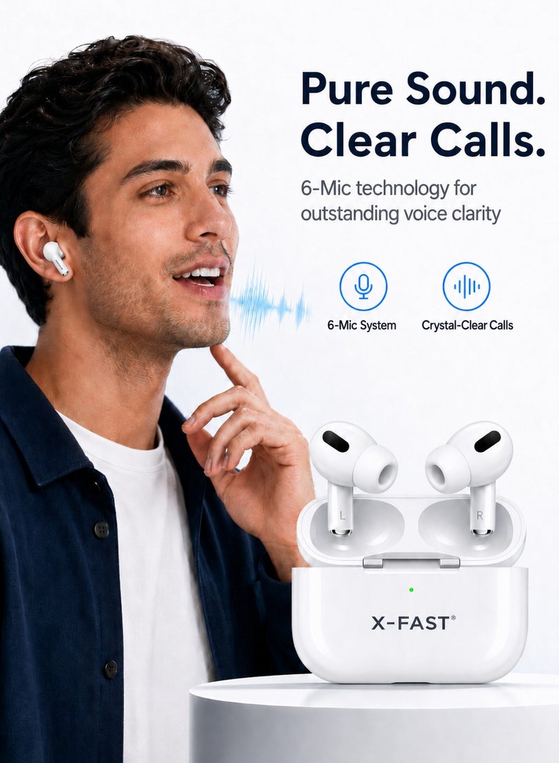 اكس فاست سماعات X-FAST Pro لاسلكية بتصميم AirPods، بلوتوث، 6 مايك، نافذة اتصال iOS، علبة شحن لاسلكي، مكالمات واضحة وصوت نقي، أبيض - Image 2