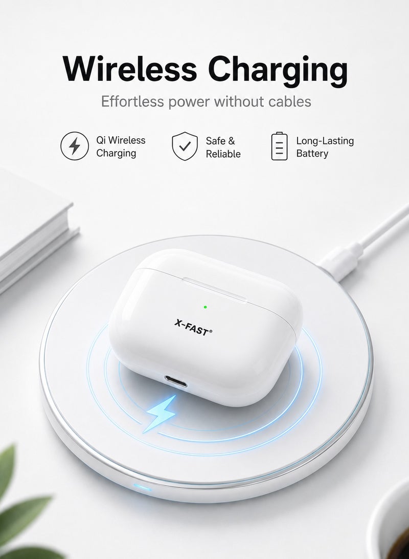 اكس فاست سماعات X-FAST Pro لاسلكية بتصميم AirPods، بلوتوث، 6 مايك، نافذة اتصال iOS، علبة شحن لاسلكي، مكالمات واضحة وصوت نقي، أبيض - Image 4
