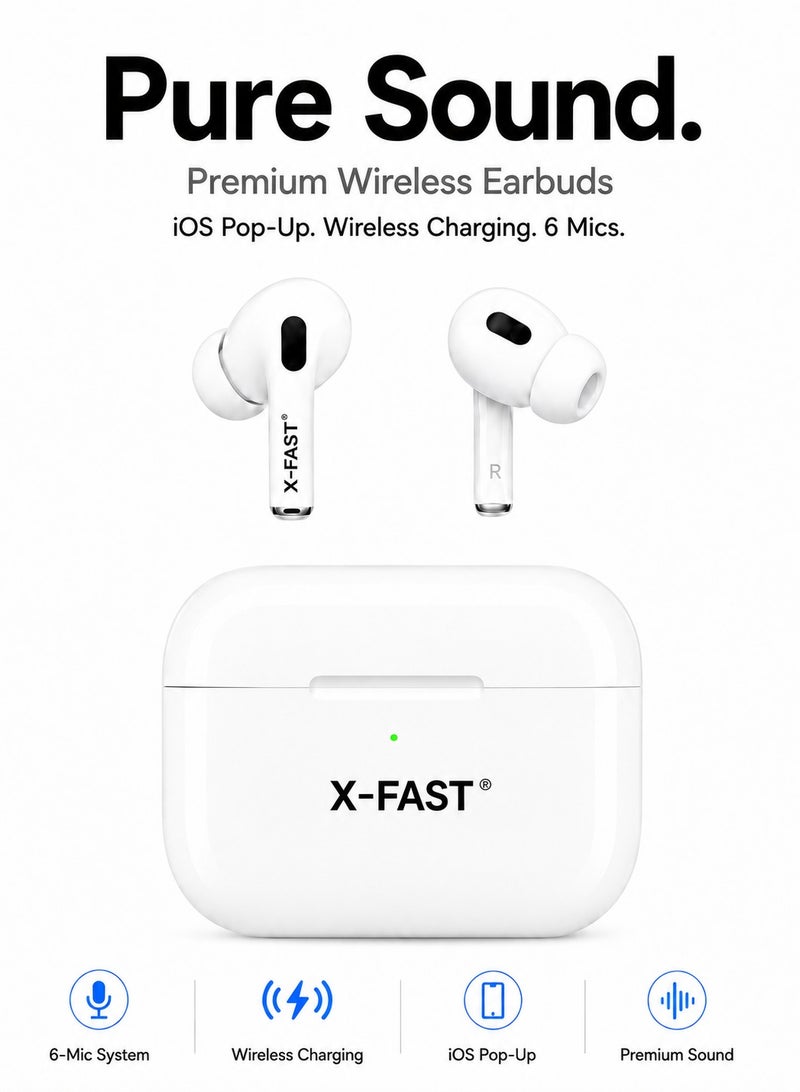 اكس فاست سماعات X-FAST Pro لاسلكية بتصميم AirPods، بلوتوث، 6 مايك، نافذة اتصال iOS، علبة شحن لاسلكي، مكالمات واضحة وصوت نقي، أبيض - Image 1