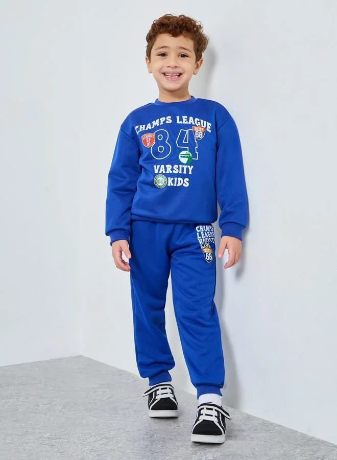 Styli Styli Boys Blue Varsity Print Sweatshirt and Joggers Set