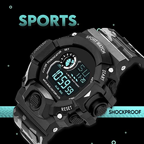 ASGARD Silicone Multi-Functional Sports Digital Black Dial Men's Watch With Camo Dark Grey Strap - Image 3