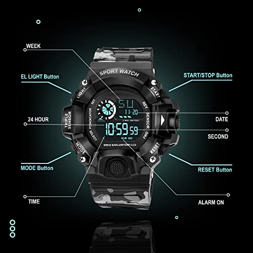 ASGARD Silicone Multi-Functional Sports Digital Black Dial Men's Watch With Camo Dark Grey Strap - Image 2