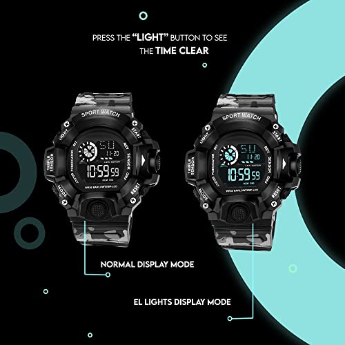 ASGARD Silicone Multi-Functional Sports Digital Black Dial Men's Watch With Camo Dark Grey Strap - Image 5
