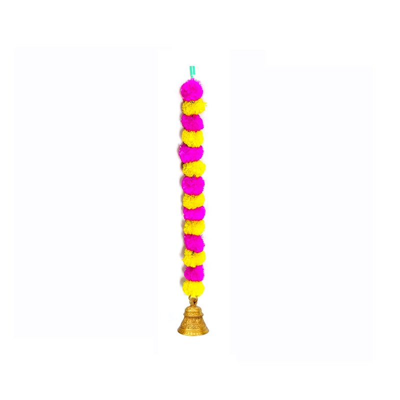 iHandikart iHandikart Artificial Fluffy Marigold Garland with Golden Bell in The Bottom Used for Diwali Decorations Colour Pink Yellow Pack of 15 HV31527  - Image 3