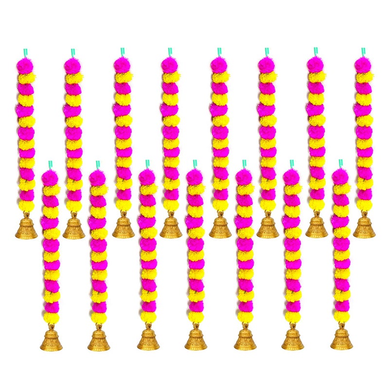 iHandikart iHandikart Artificial Fluffy Marigold Garland with Golden Bell in The Bottom Used for Diwali Decorations Colour Pink Yellow Pack of 15 HV31527  - Image 1