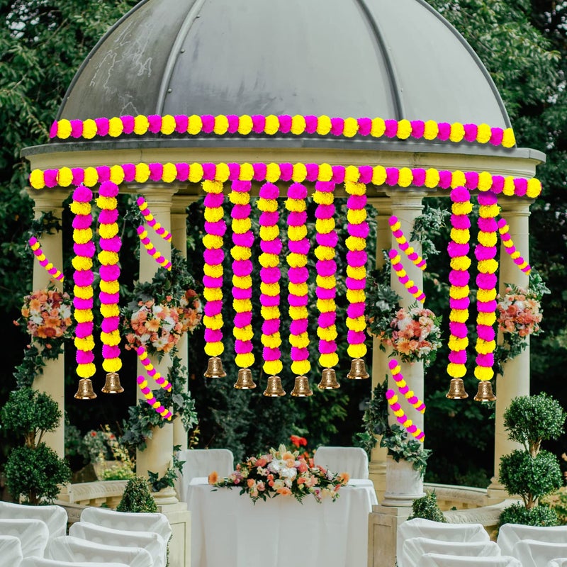 iHandikart iHandikart Artificial Fluffy Marigold Garland with Golden Bell in The Bottom Used for Diwali Decorations Colour Pink Yellow Pack of 15 HV31527  - Image 4