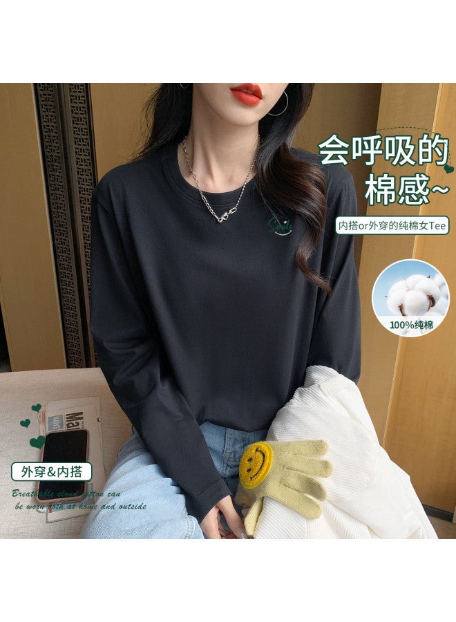 LANG SHA 100% Cotton Women'S Basic T-Shirt Versatile Round Neck Solid Color Print Long Staple Cotton Long Sleeve Top Women - Image 2
